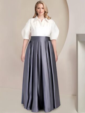 A-Line/Princess Shirt Collar Short Sleeves Floor-Length 2 pieces Satin Plus Size Mother Of The Bride Dresses with Bowknot