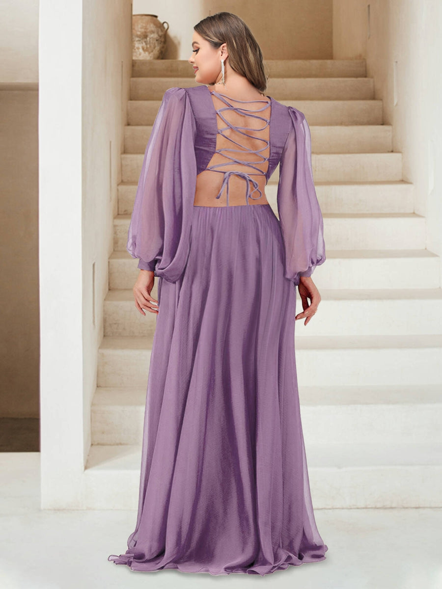 A-Line/Princess V-Neck Floor-Length Chiffon Ruched Plus Size Bridesmaid Dresses with Split Side - 画像 (2)