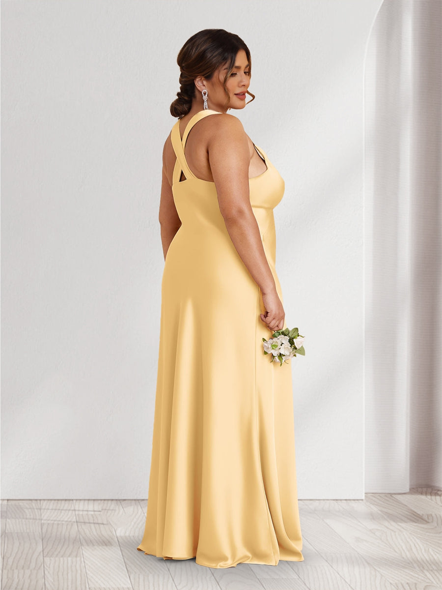 A-Line/Princess V-Neck Sleeveless Floor-Length Ruched Plus Size Bridesmaid Dresses - Image 2