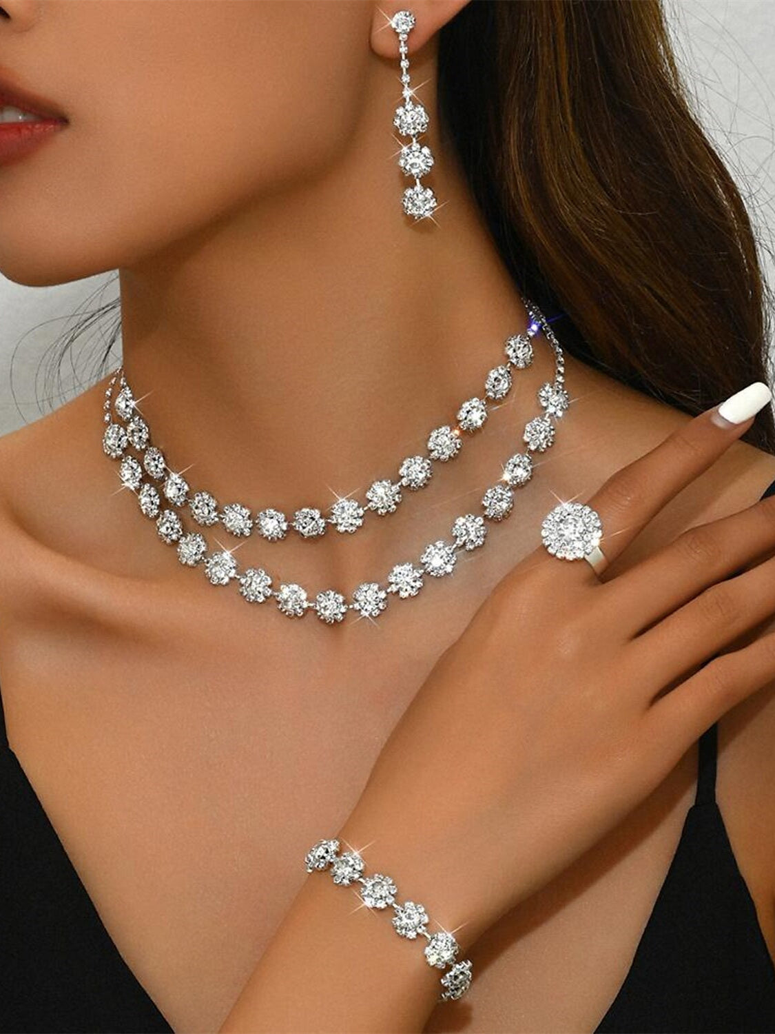 1 set Jewelry 5 pieces set Rhinestone Alloy Rings Earrings Bracelets For Women's Jewelry Set For Wedding Party Anniversary - Image 7