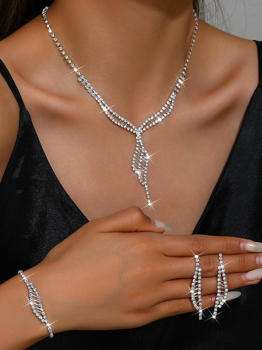 1 set Jewelry Set 4pcs Rhinestone Alloy Earrings Necklace Bracelets Women's Elegant Vintage Fashion Jewelry Set For Wedding Party - Image 3