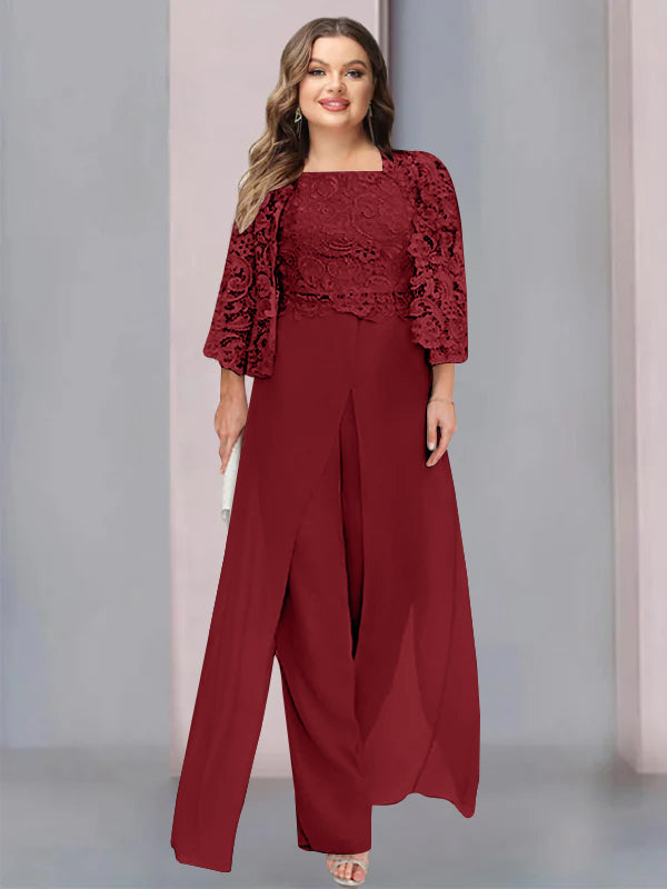 Chiffon Square Neck Floor-Length Plus Size Mother of the Bride Pantsuits with Jacket & Split Side - 이미지 7