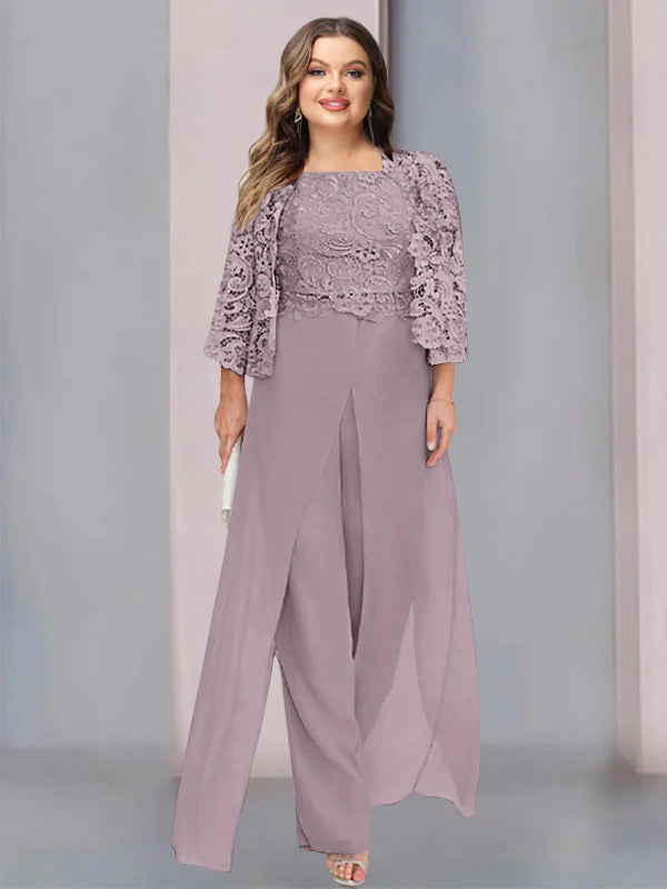 Chiffon Square Neck Floor-Length Plus Size Mother of the Bride Pantsuits with Jacket & Split Side - 이미지 18