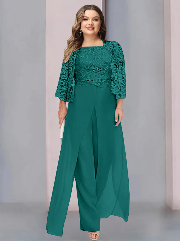 Chiffon Square Neck Floor-Length Plus Size Mother of the Bride Pantsuits with Jacket & Split Side - 이미지 21