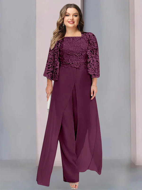 Chiffon Square Neck Floor-Length Plus Size Mother of the Bride Pantsuits with Jacket & Split Side - 이미지 39