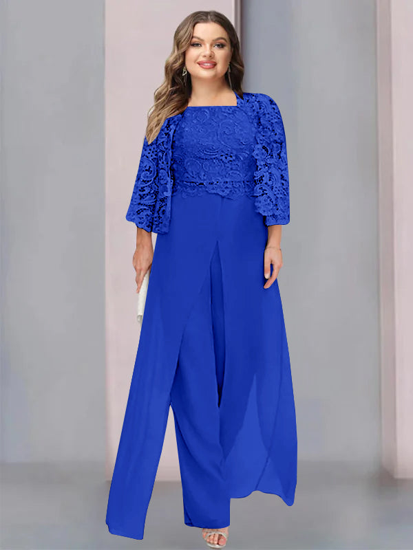 Chiffon Square Neck Floor-Length Plus Size Mother of the Bride Pantsuits with Jacket & Split Side - 이미지 42