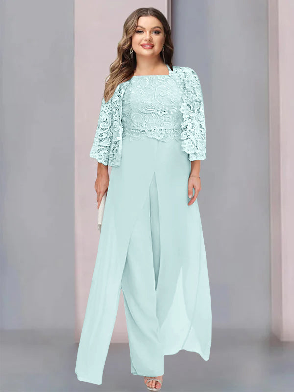 Chiffon Square Neck Floor-Length Plus Size Mother of the Bride Pantsuits with Jacket & Split Side - 이미지 44