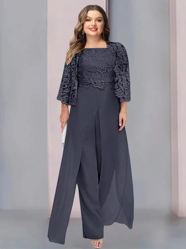 Chiffon Square Neck Floor-Length Plus Size Mother of the Bride Pantsuits with Jacket & Split Side - 이미지 46