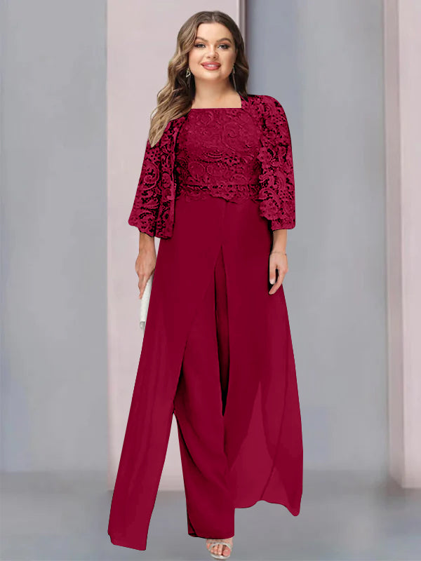 Chiffon Square Neck Floor-Length Plus Size Mother of the Bride Pantsuits with Jacket & Split Side - 이미지 50