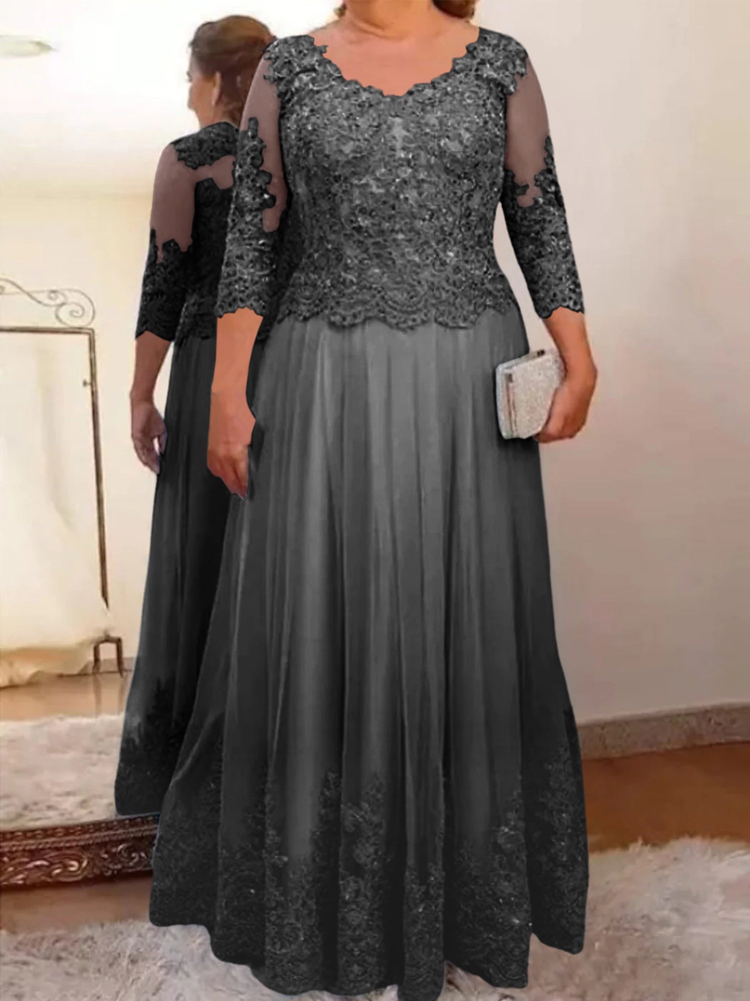 A-Line/Princess Sheer Neck 3/4 Length Sleeves Floor-Length Mother of the Bride Dresses with Applique - 画像 (56)