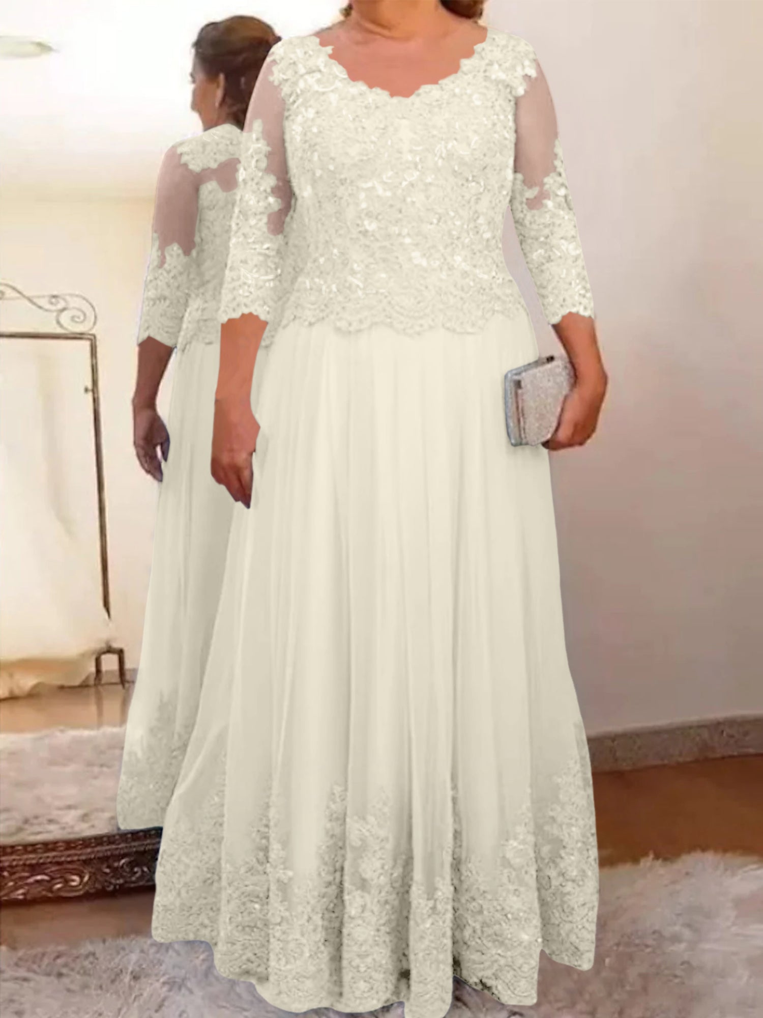 A-Line/Princess Sheer Neck 3/4 Length Sleeves Floor-Length Mother of the Bride Dresses with Applique - 画像 (18)