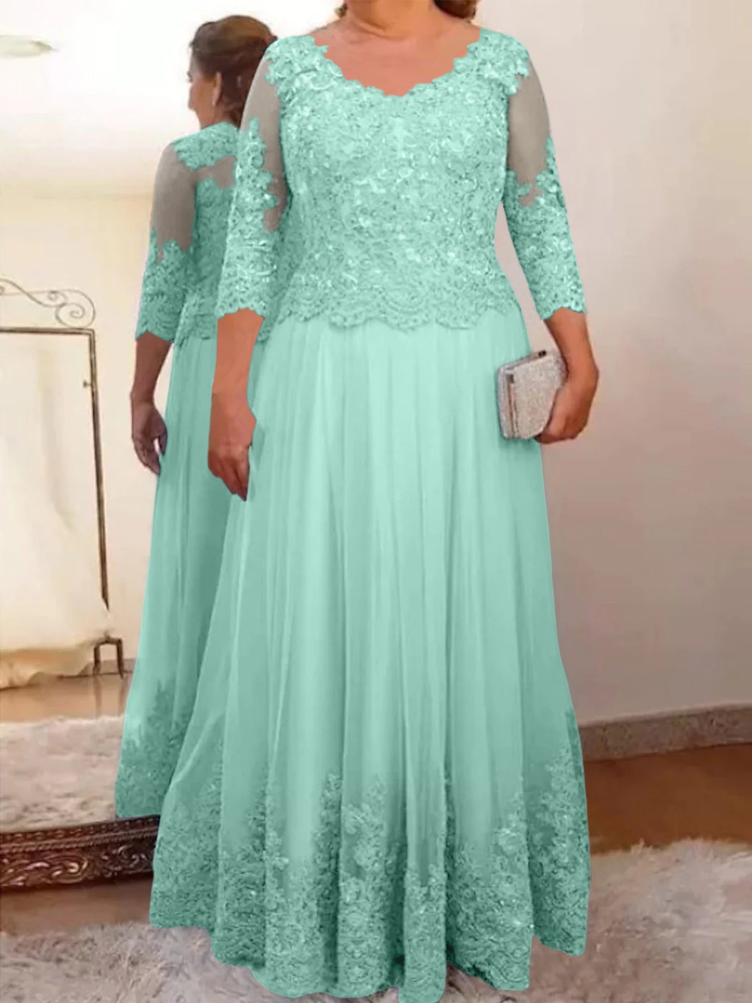 A-Line/Princess Sheer Neck 3/4 Length Sleeves Floor-Length Mother of the Bride Dresses with Applique - 画像 (65)