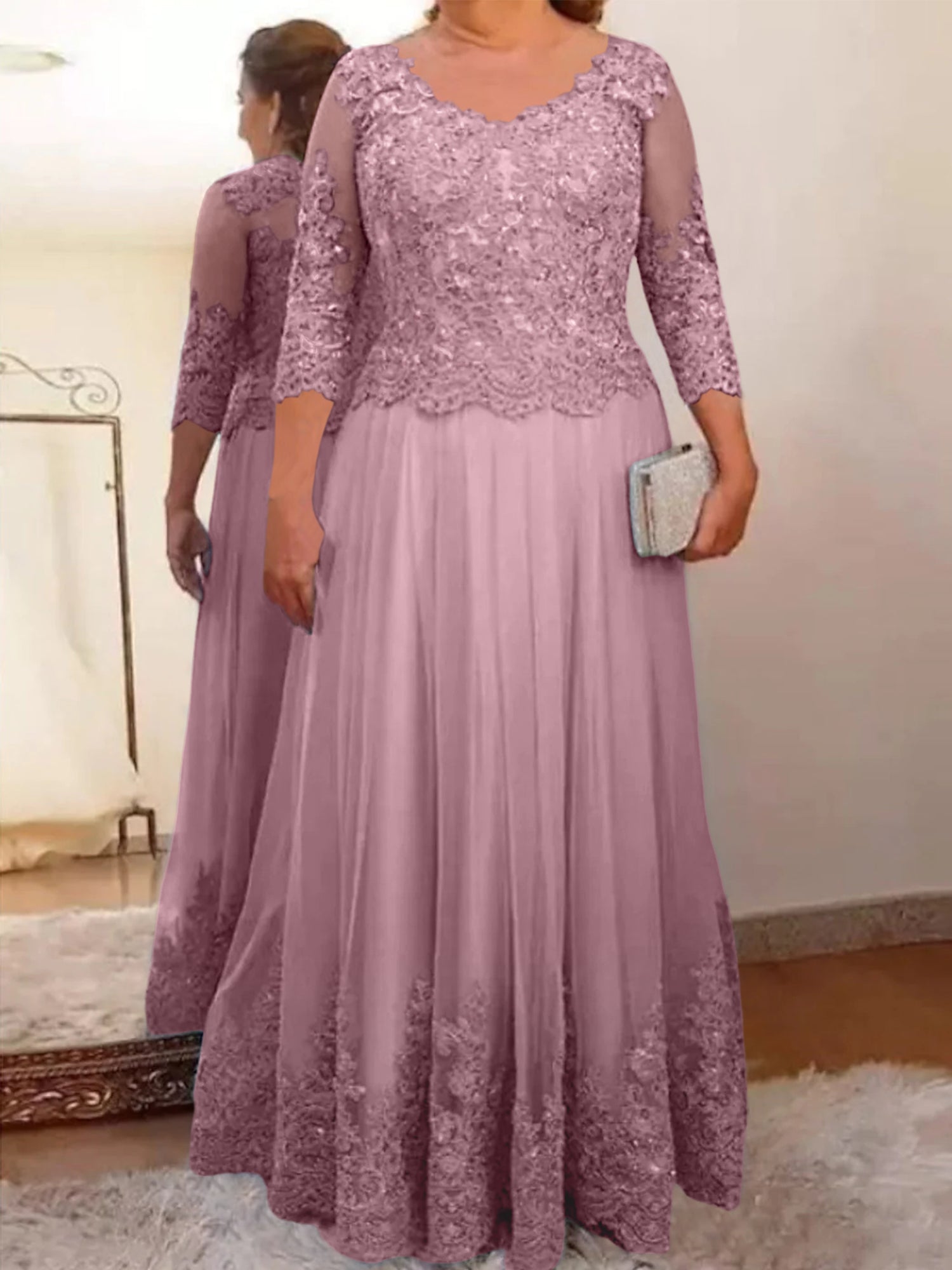 A-Line/Princess Sheer Neck 3/4 Length Sleeves Floor-Length Mother of the Bride Dresses with Applique - 画像 (5)