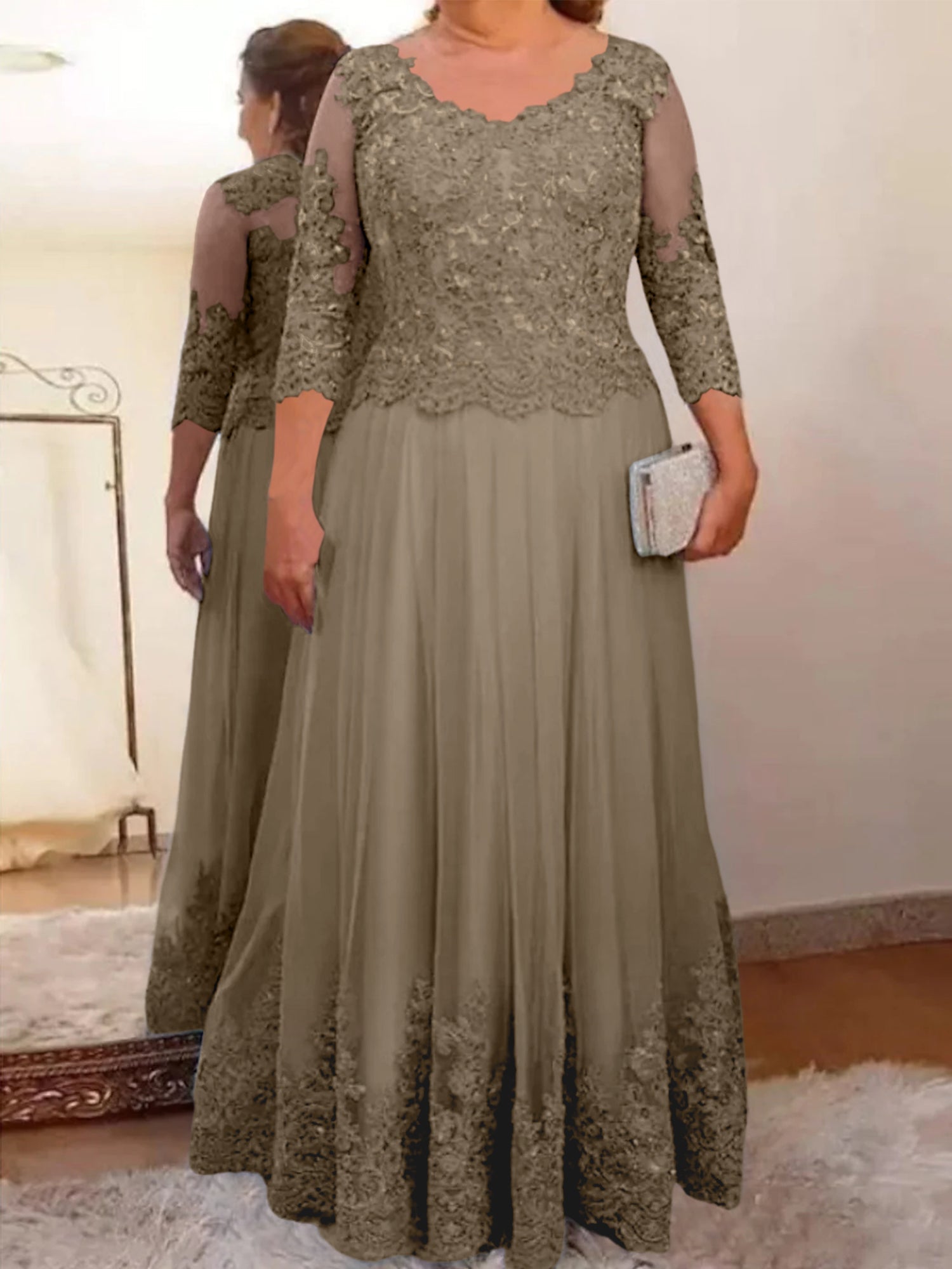A-Line/Princess Sheer Neck 3/4 Length Sleeves Floor-Length Mother of the Bride Dresses with Applique - 画像 (71)