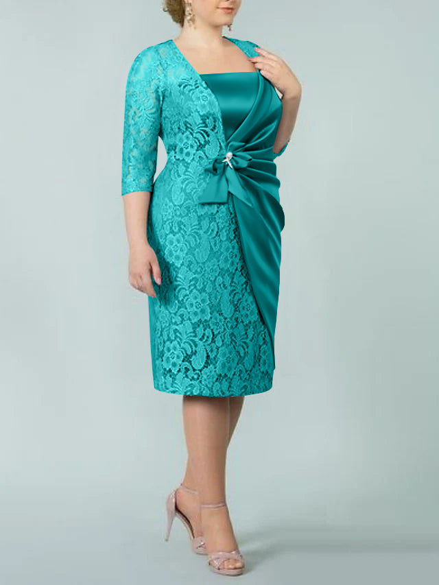 Sheath/Column Square Neck Tea-Length Mother of the Bride Dresses - 이미지 23