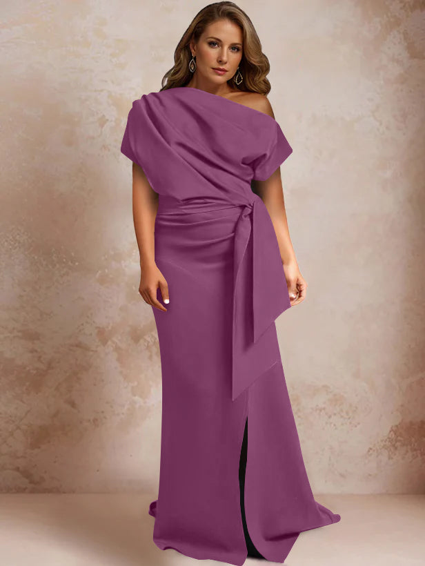 Trumpet/Mermaid One-Shoulder Short Sleeves Floor-Length Plus Size Mother of the Bride Dresses with Ruffles & Split Side - 이미지 31