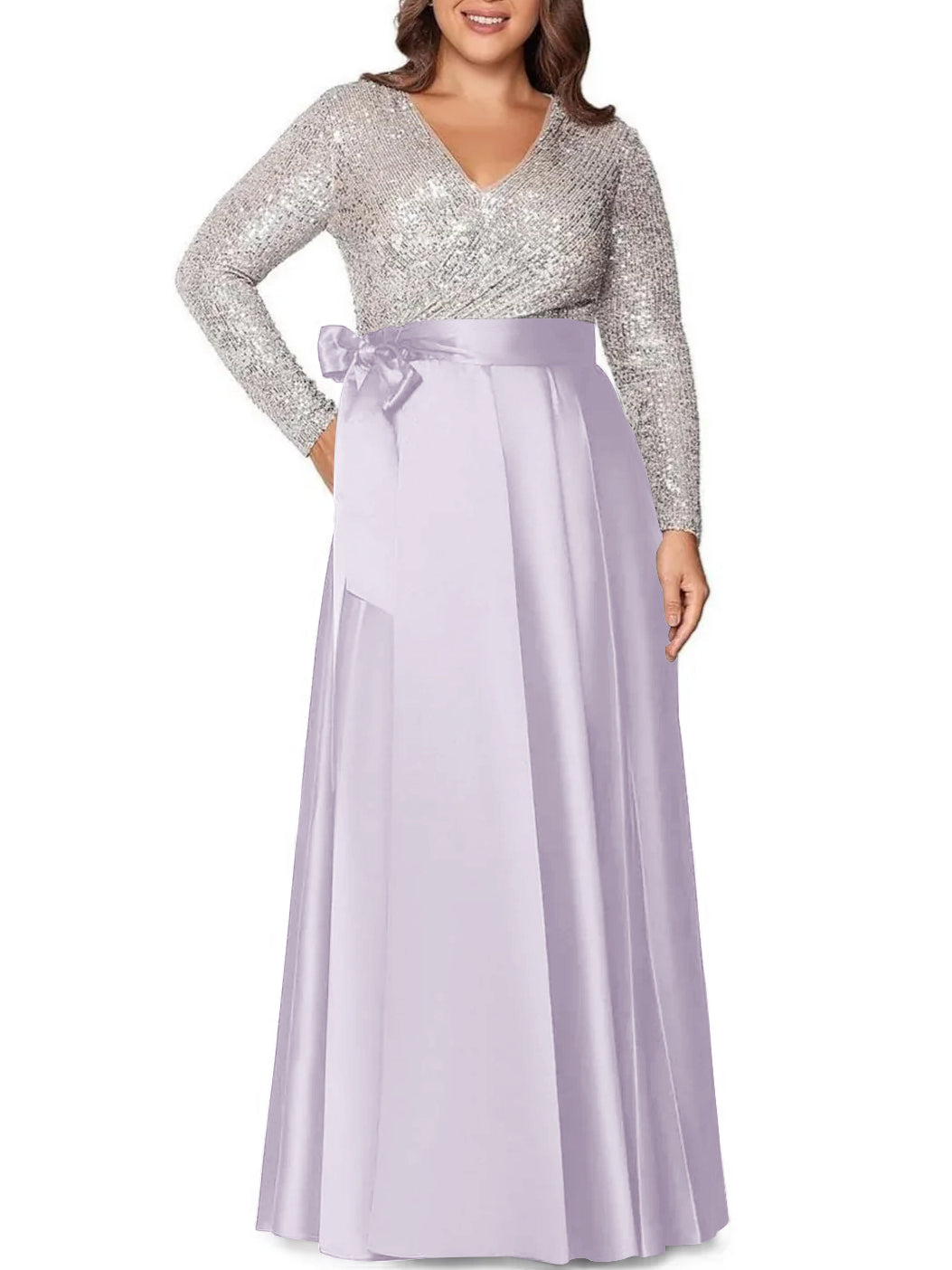 A-Line/Princess V-Neck Long Sleeves Floor-Length Plus Size Mother of the Bride Dresses With Pocket Sequins - 이미지 31