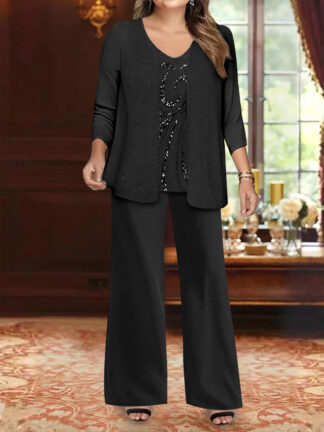 Chiffon V-Neck Floor-Length 3 Pieces Plus Size Mother of the Bride Pantsuits with Jacket & Sequins Beading