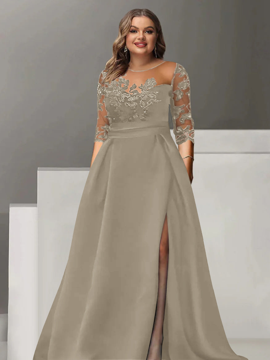 A-Line/Princess Sweetheart 3/4 Sleeves Floor-Length Plus Size Mother Of The Bride Dresses With Lace & Split Side - 이미지 23