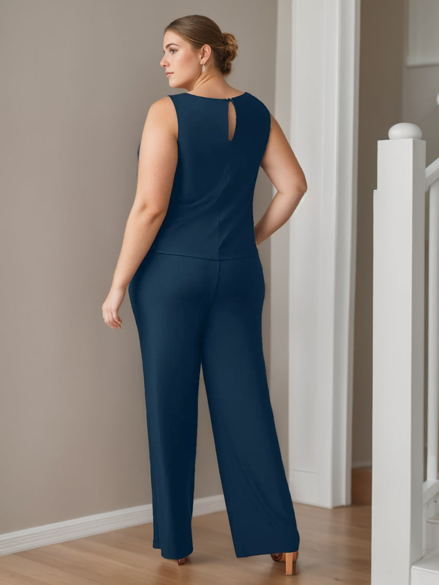 Chiffon 3 Pieces Scoop Neck 3/4 Length Sleeves Floor-Length Plus Size Mother Of The Bride Pantsuits With Jacket & Pockets - Image 3