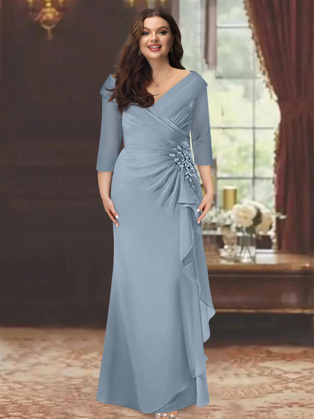 Sheath/Column V-Neck Half Sleeves Floor-Length Plus Size Mother of the Bride Dresses with Ruffles & Appliques - Image 17