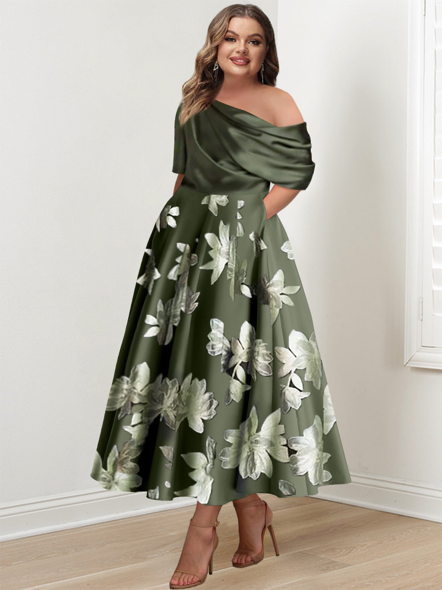 A-Line/Princess One-shoulder Printed Flower Plus Size Mother of the Bride Dresses - 画像 (7)