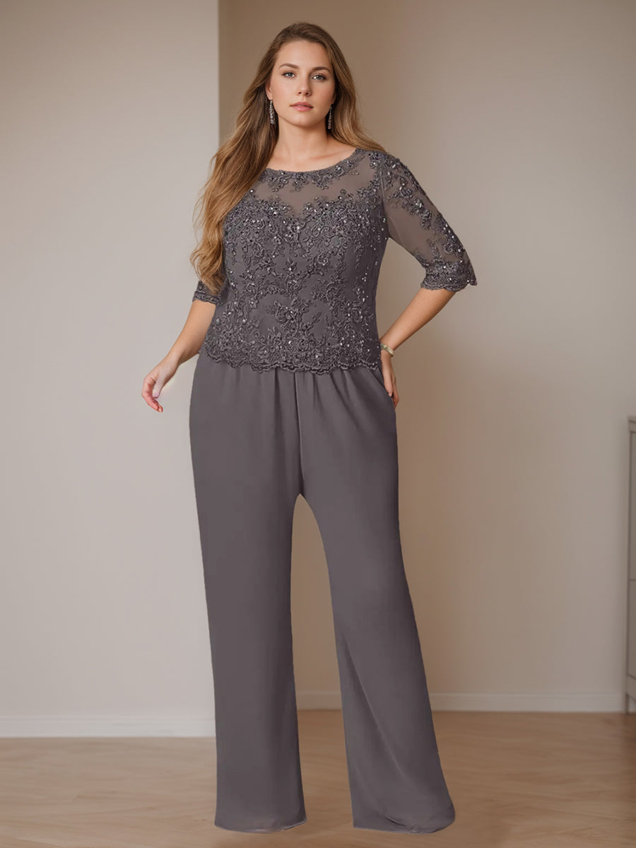 Chiffon 3 Pieces Scoop Neck Long Sleeves Floor-Length Plus Size Mother Of The Bride Pantsuits With Jacket - Image 3