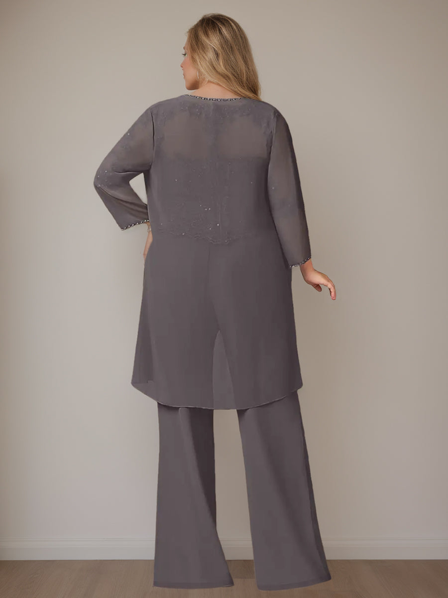 Chiffon 3 Pieces Scoop Neck Long Sleeves Floor-Length Plus Size Mother Of The Bride Pantsuits With Jacket - Image 2
