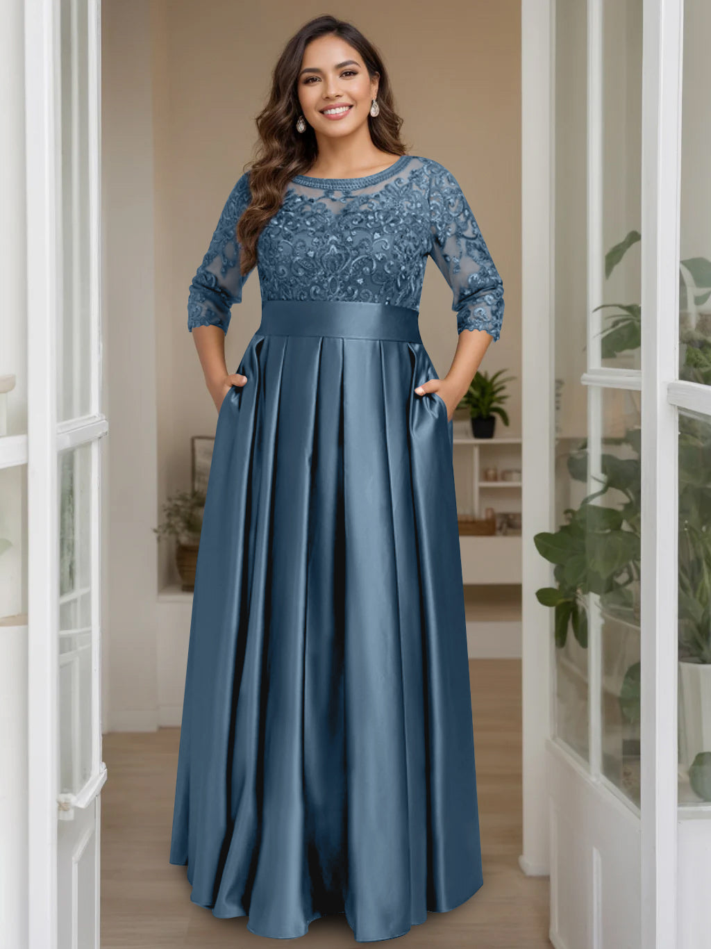 A-Line/Princess Scoop 3/4 Length Sleeves Floor-Length Plus Size Mother of the Bride Dresses with Bow & Sequins - 이미지 54