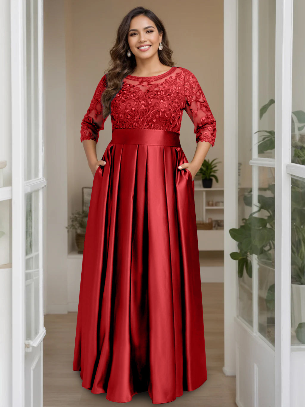 A-Line/Princess Scoop 3/4 Length Sleeves Floor-Length Plus Size Mother of the Bride Dresses with Bow & Sequins - 이미지 58