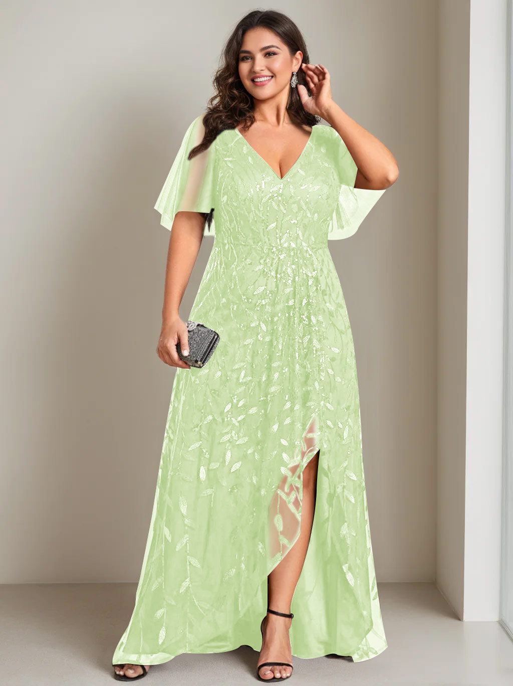 A-Line/Princess V-Neck Short Sleeves Asymmetrical Plus Size Mother Of The Bride Dresses with Sequins - Image 9