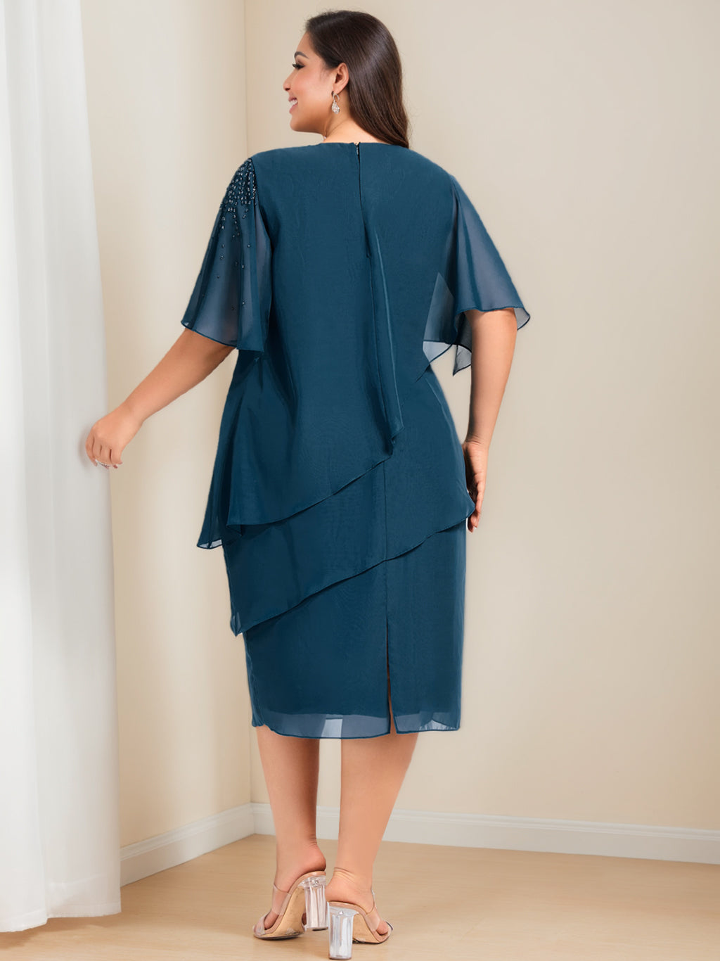 Sheath/Column Half Sleeves Knee-Length Plus Size Mother of the Bride Outfits with Beading & Sequins - 이미지 2