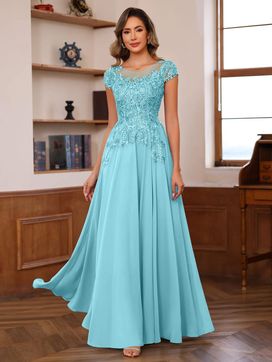 A-Line/Princess Scoop Neck Short Sleeves Floor-Length Mother of the Bride Dresses with Appliques - Image 10