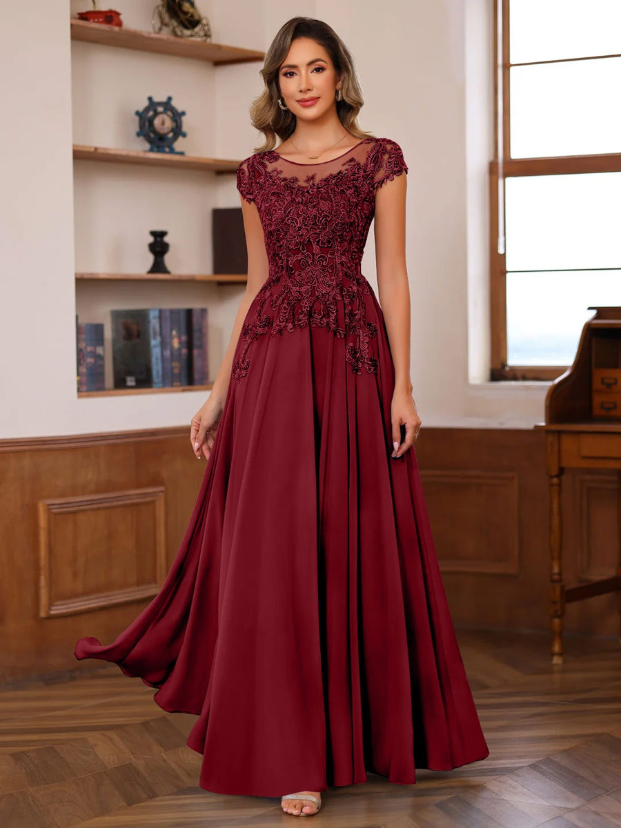 A-Line/Princess Scoop Neck Short Sleeves Floor-Length Mother of the Bride Dresses with Appliques - Image 11