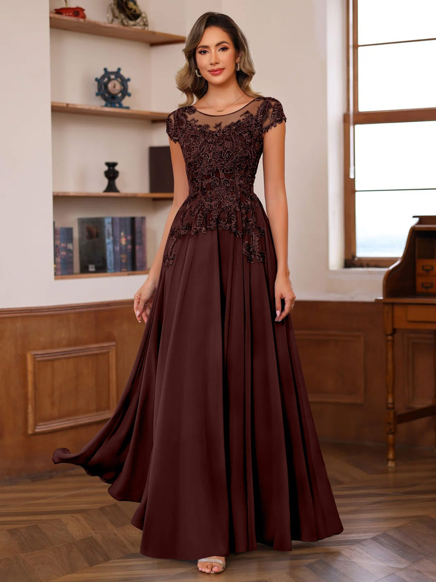 A-Line/Princess Scoop Neck Short Sleeves Floor-Length Mother of the Bride Dresses with Appliques - Image 12