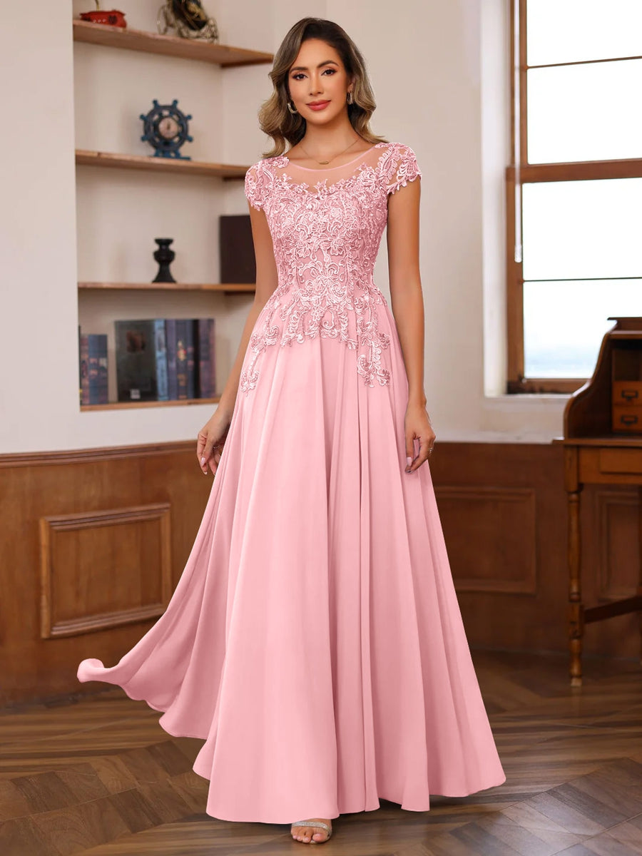 A-Line/Princess Scoop Neck Short Sleeves Floor-Length Mother of the Bride Dresses with Appliques - Image 13