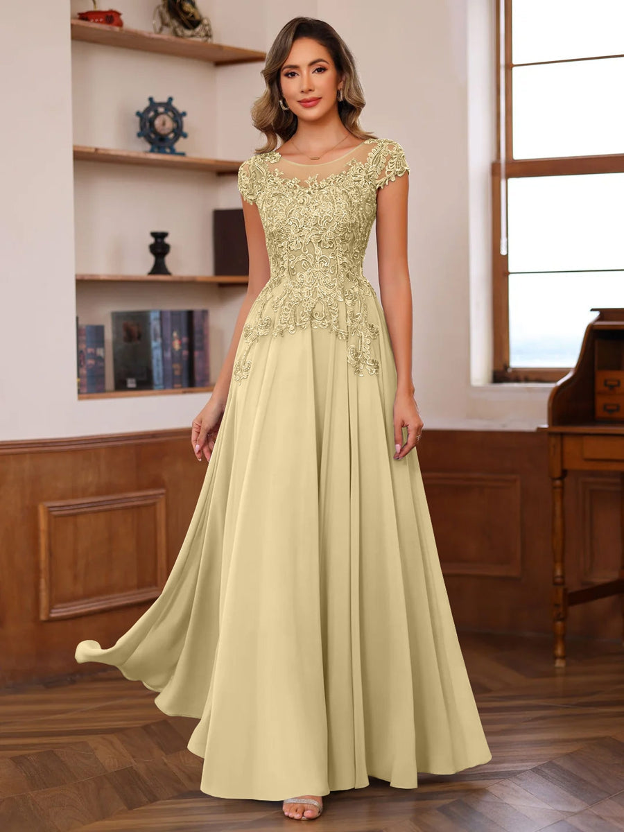 A-Line/Princess Scoop Neck Short Sleeves Floor-Length Mother of the Bride Dresses with Appliques - Image 15