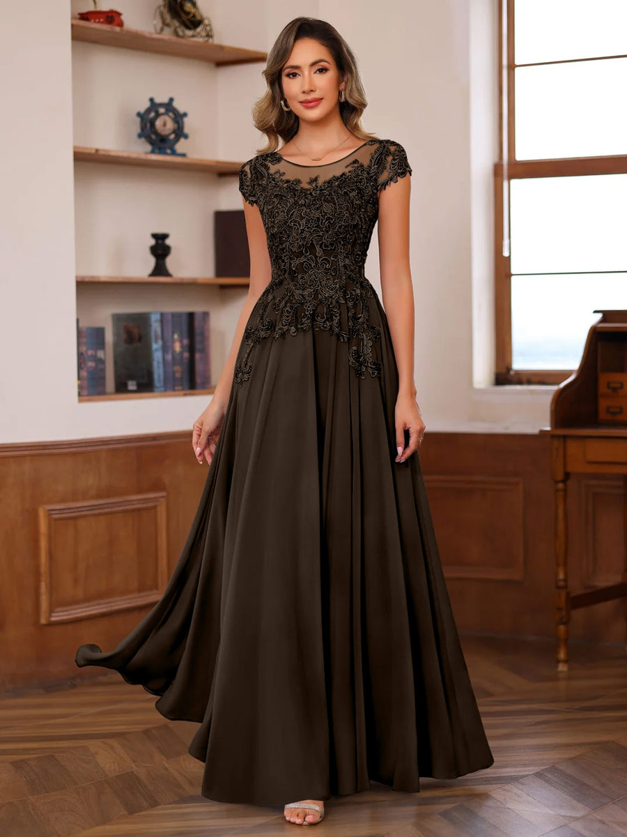 A-Line/Princess Scoop Neck Short Sleeves Floor-Length Mother of the Bride Dresses with Appliques - Image 17