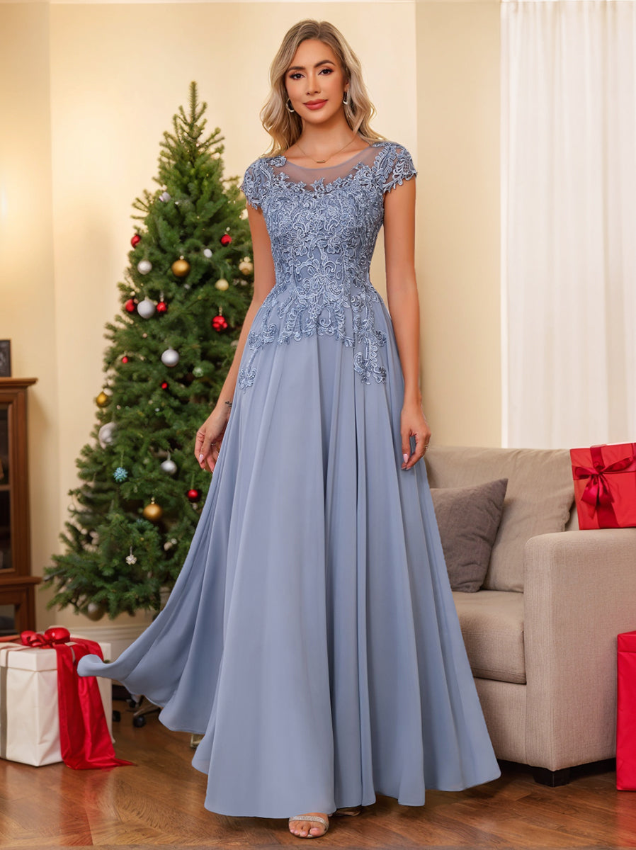 A-Line/Princess Scoop Neck Short Sleeves Floor-Length Mother of the Bride Dresses with Appliques - Image 8