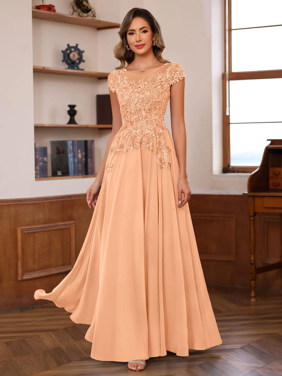 A-Line/Princess Scoop Neck Short Sleeves Floor-Length Mother of the Bride Dresses with Appliques - Image 18