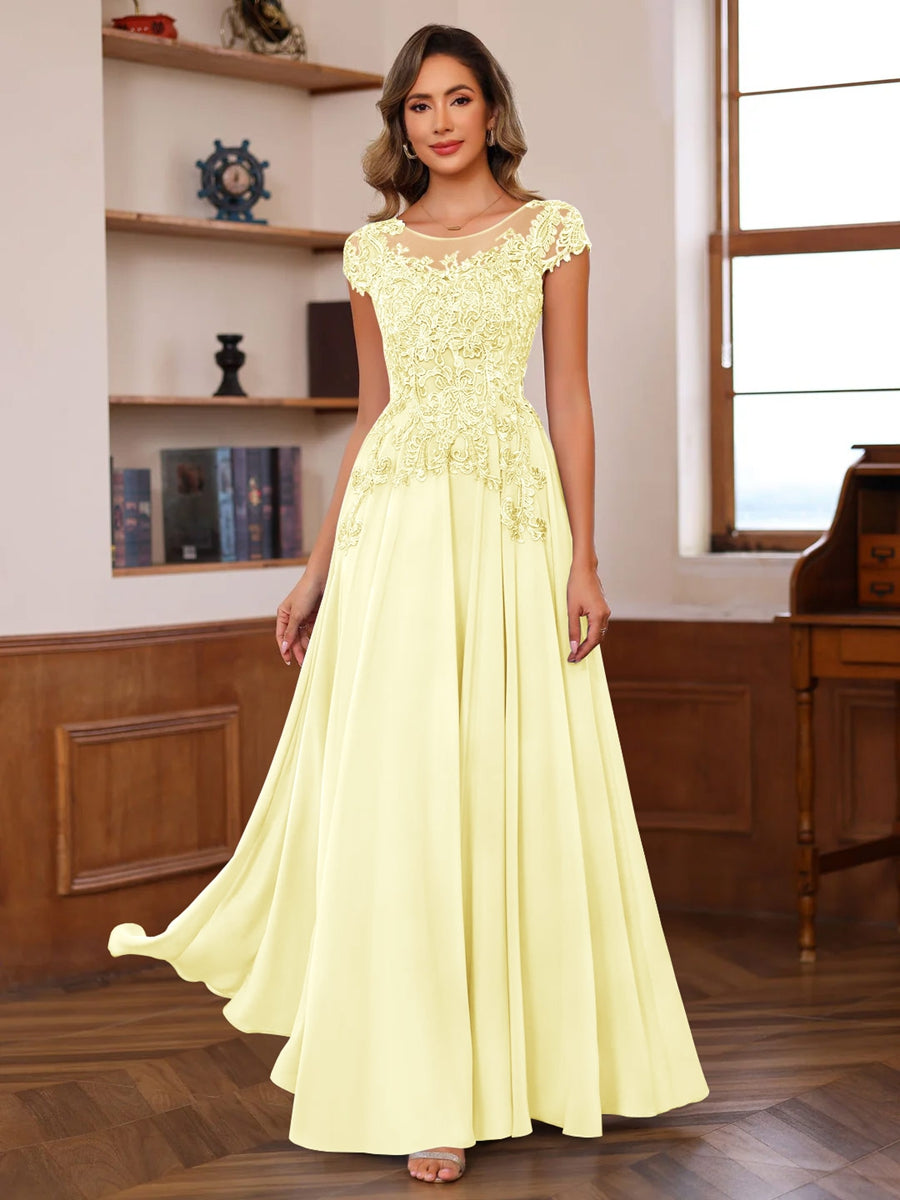 A-Line/Princess Scoop Neck Short Sleeves Floor-Length Mother of the Bride Dresses with Appliques - Image 19