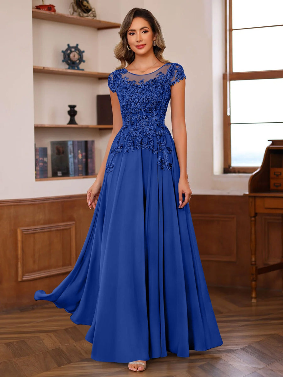 A-Line/Princess Scoop Neck Short Sleeves Floor-Length Mother of the Bride Dresses with Appliques - Image 21