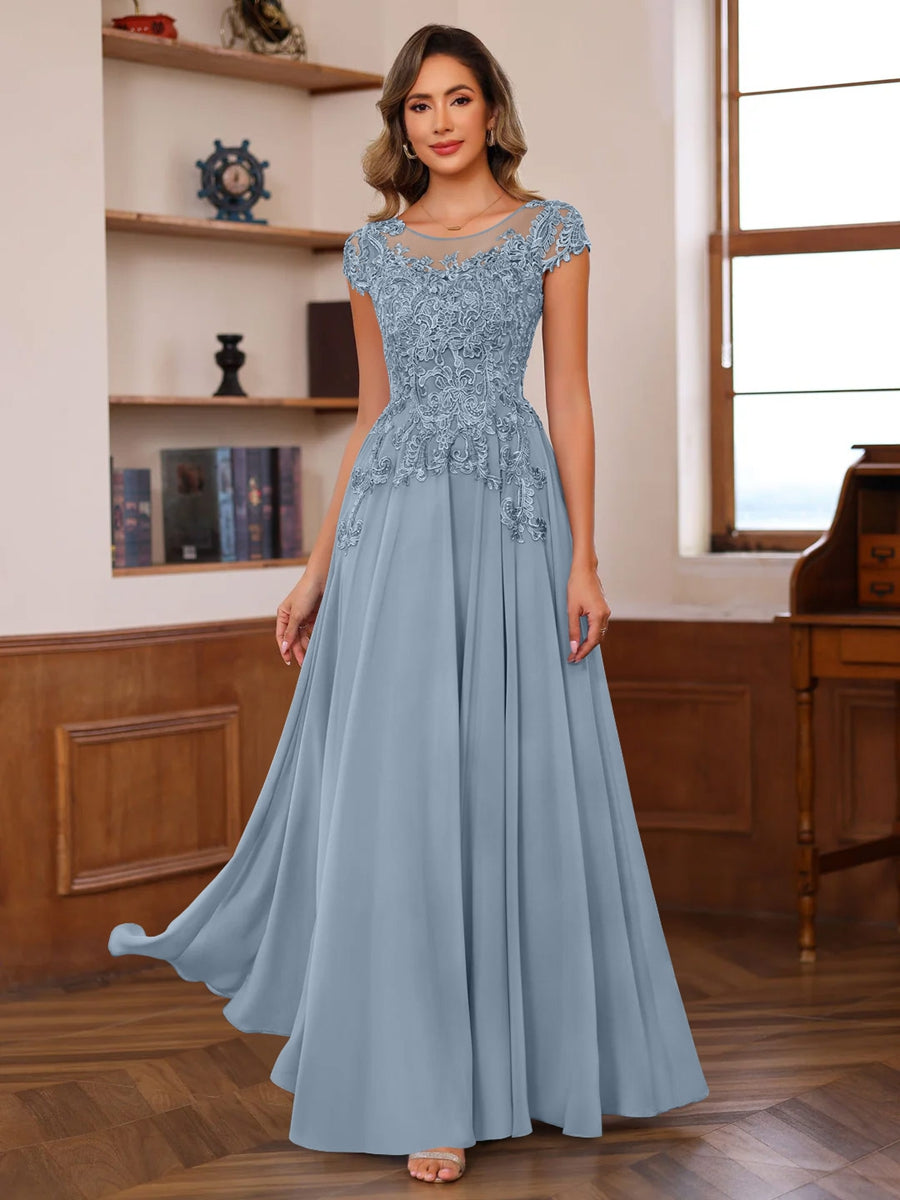 A-Line/Princess Scoop Neck Short Sleeves Floor-Length Mother of the Bride Dresses with Appliques - Image 61