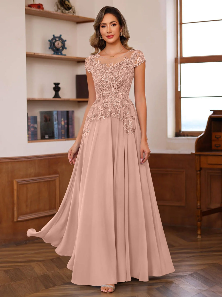 A-Line/Princess Scoop Neck Short Sleeves Floor-Length Mother of the Bride Dresses with Appliques - Image 23