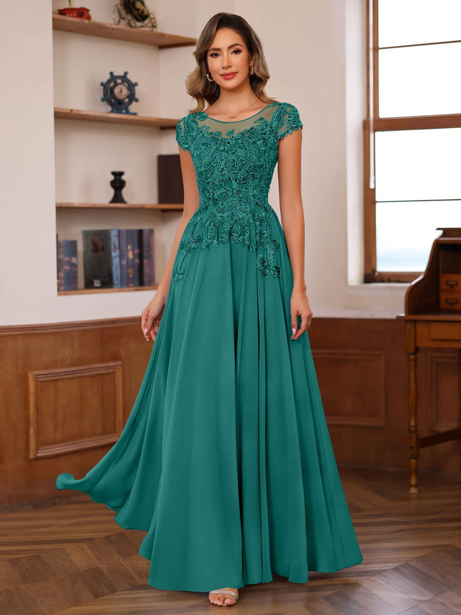 A-Line/Princess Scoop Neck Short Sleeves Floor-Length Mother of the Bride Dresses with Appliques - Image 24