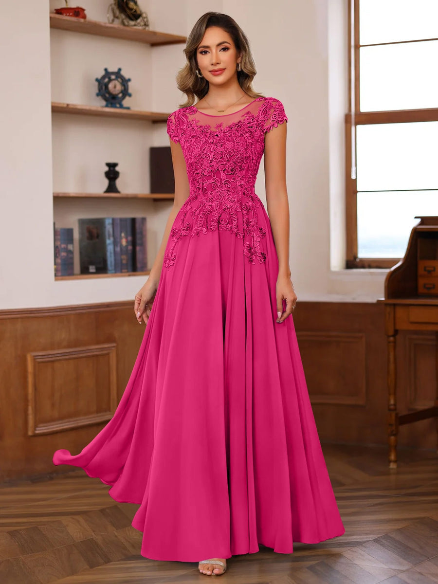 A-Line/Princess Scoop Neck Short Sleeves Floor-Length Mother of the Bride Dresses with Appliques - Image 25