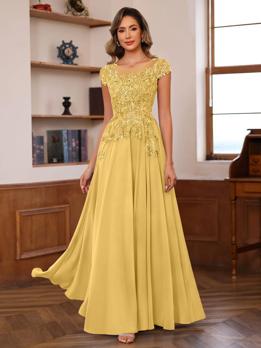 A-Line/Princess Scoop Neck Short Sleeves Floor-Length Mother of the Bride Dresses with Appliques - Image 26