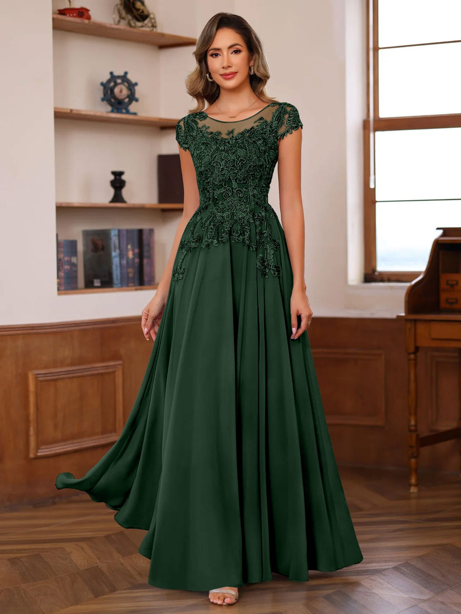 A-Line/Princess Scoop Neck Short Sleeves Floor-Length Mother of the Bride Dresses with Appliques - Image 28