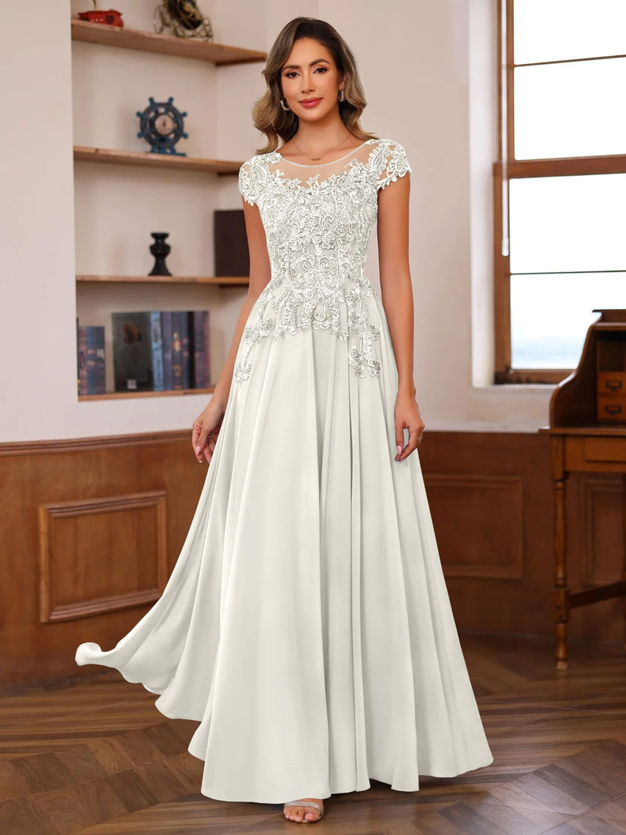 A-Line/Princess Scoop Neck Short Sleeves Floor-Length Mother of the Bride Dresses with Appliques - Image 30