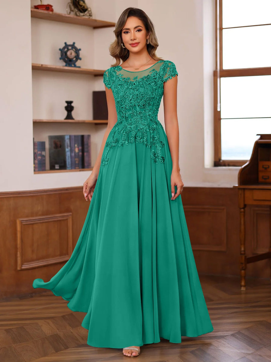 A-Line/Princess Scoop Neck Short Sleeves Floor-Length Mother of the Bride Dresses with Appliques - Image 31